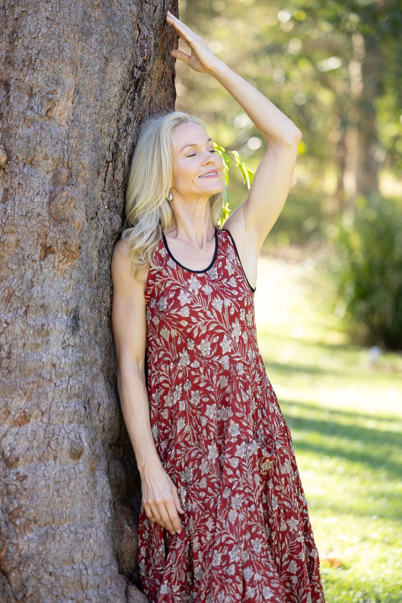 Womens, midi, Flamenco Dress, sleeveless, 100% Cotton, hand block print. In natural red, Rubira
