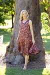 Womens, midi, Flamenco Dress, sleeveless, 100% Cotton, hand block print. In natural red, Rubira