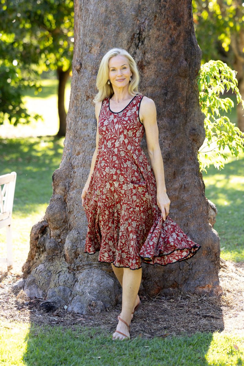 Womens, midi, Flamenco Dress, sleeveless, 100% Cotton, hand block print. In natural red, Rubira