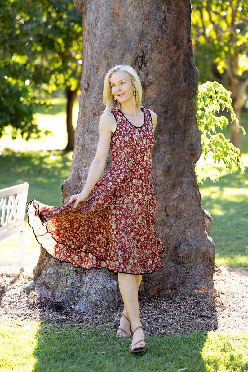 Womens, midi, Flamenco Dress, sleeveless, 100% Cotton, hand block print. In natural red, Rubira