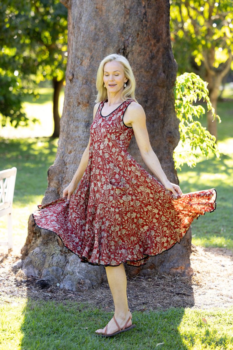 Womens, midi, Flamenco Dress, sleeveless, 100% Cotton, hand block print. In natural red, Rubira