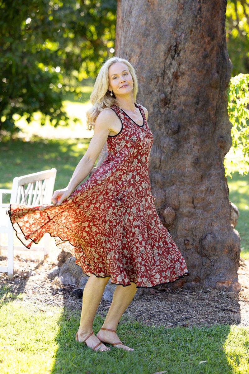 Womens, midi, Flamenco Dress, sleeveless, 100% Cotton, hand block print. In natural red, Rubira