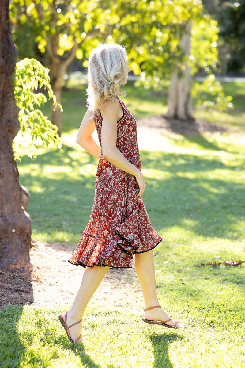 Womens, midi, Flamenco Dress, sleeveless, 100% Cotton, hand block print. In natural red, Rubira