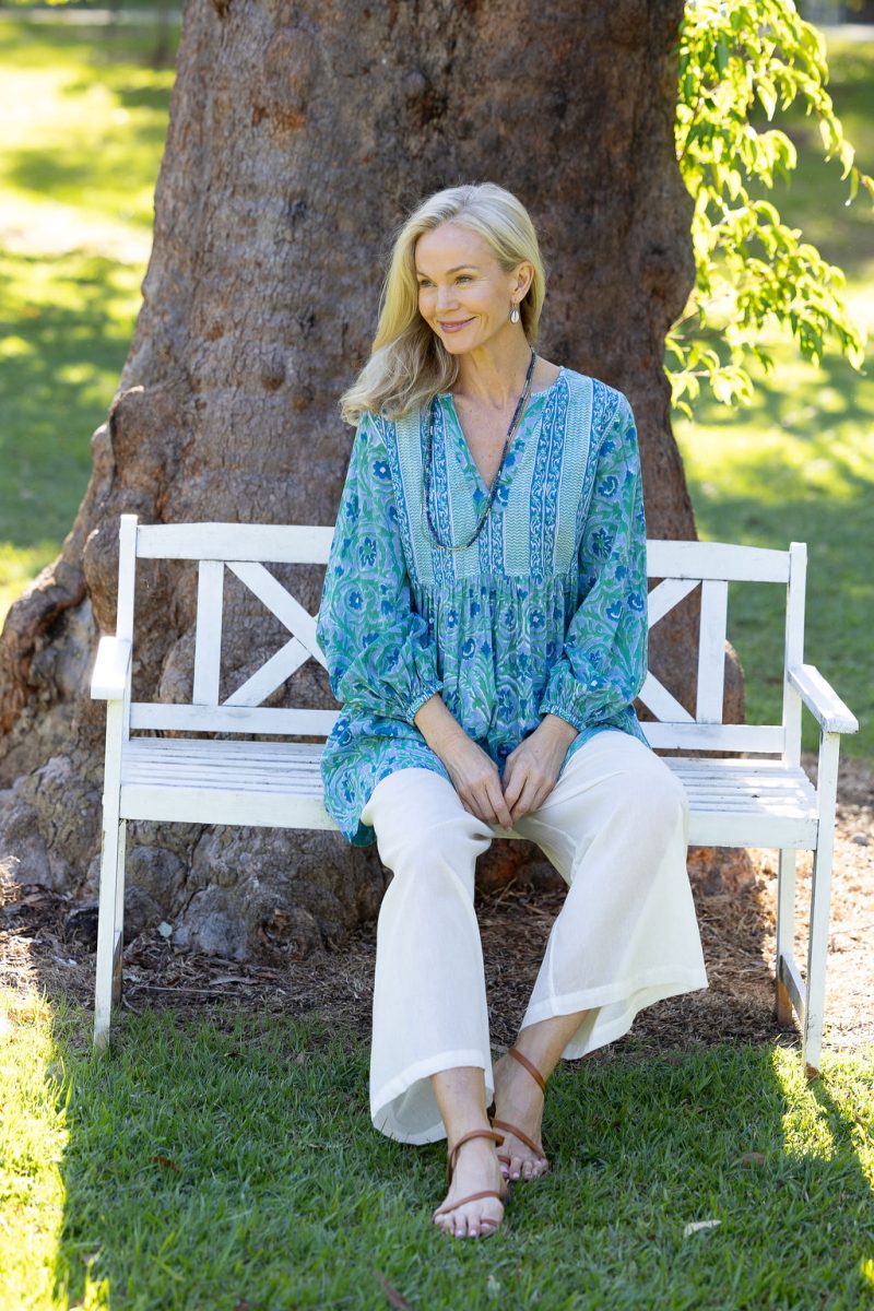 Womens, mini or blouse, with sleeves, 100% Cotton, hand block print. Soft Oceanic Blue - Amara