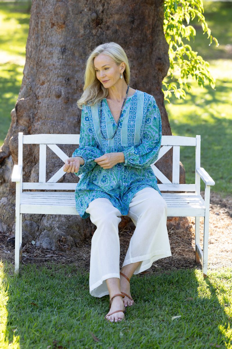 Womens, mini or blouse, with sleeves, 100% Cotton, hand block print. Soft Oceanic Blue - Amara