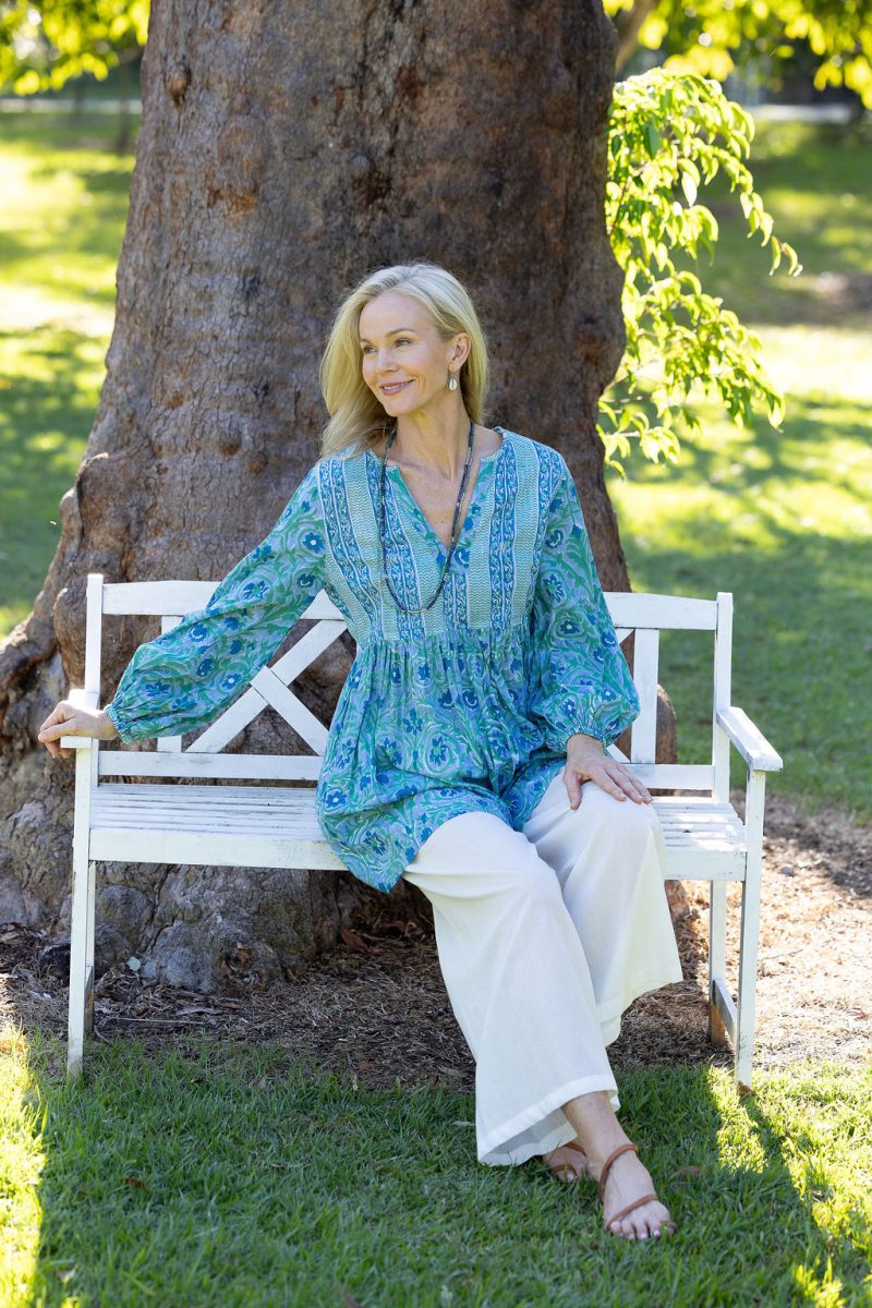 Womens, mini or blouse, with sleeves, 100% Cotton, hand block print. Soft Oceanic Blue - Amara