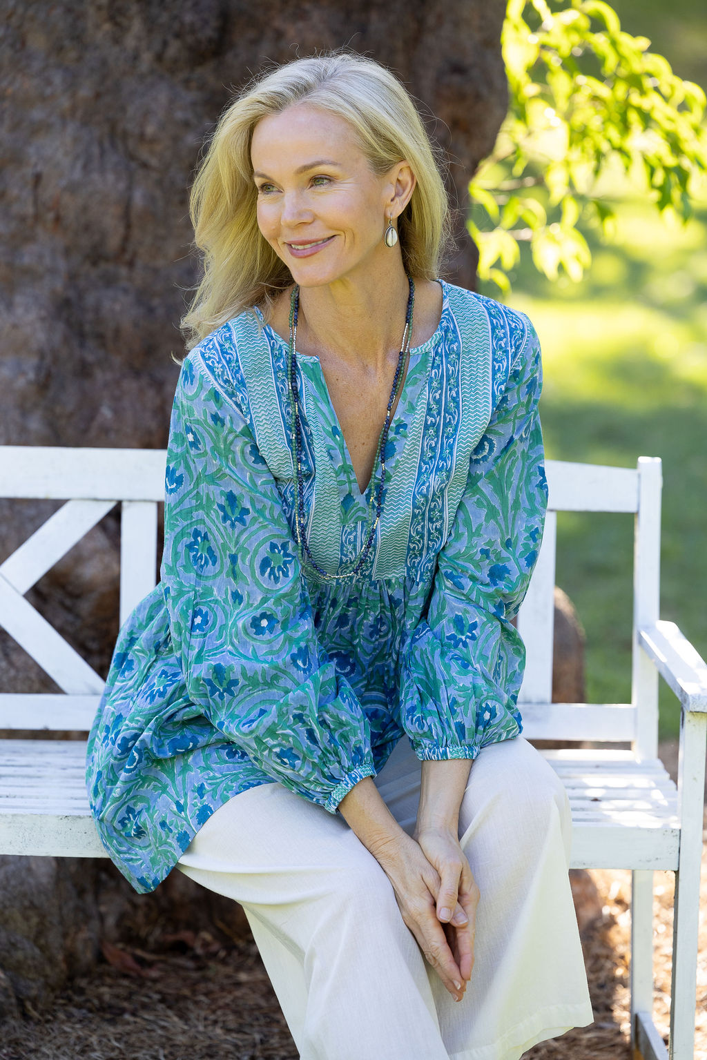 Womens, mini or blouse, with sleeves, 100% Cotton, hand block print. Soft Oceanic Blue - Amara