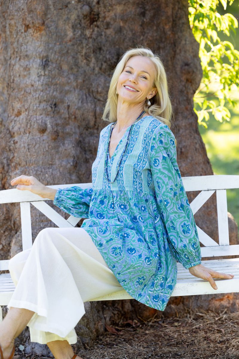 Womens, mini or blouse, with sleeves, 100% Cotton, hand block print. Soft Oceanic Blue - Amara