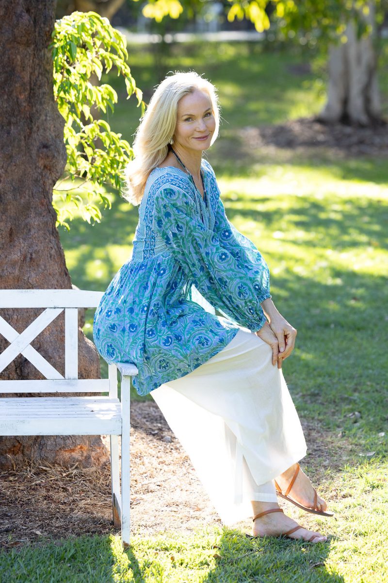Womens, mini or blouse, with sleeves, 100% Cotton, hand block print. Soft Oceanic Blue - Amara