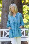 Womens, mini or blouse, with sleeves, 100% Cotton, hand block print. Soft Oceanic Blue - Amara