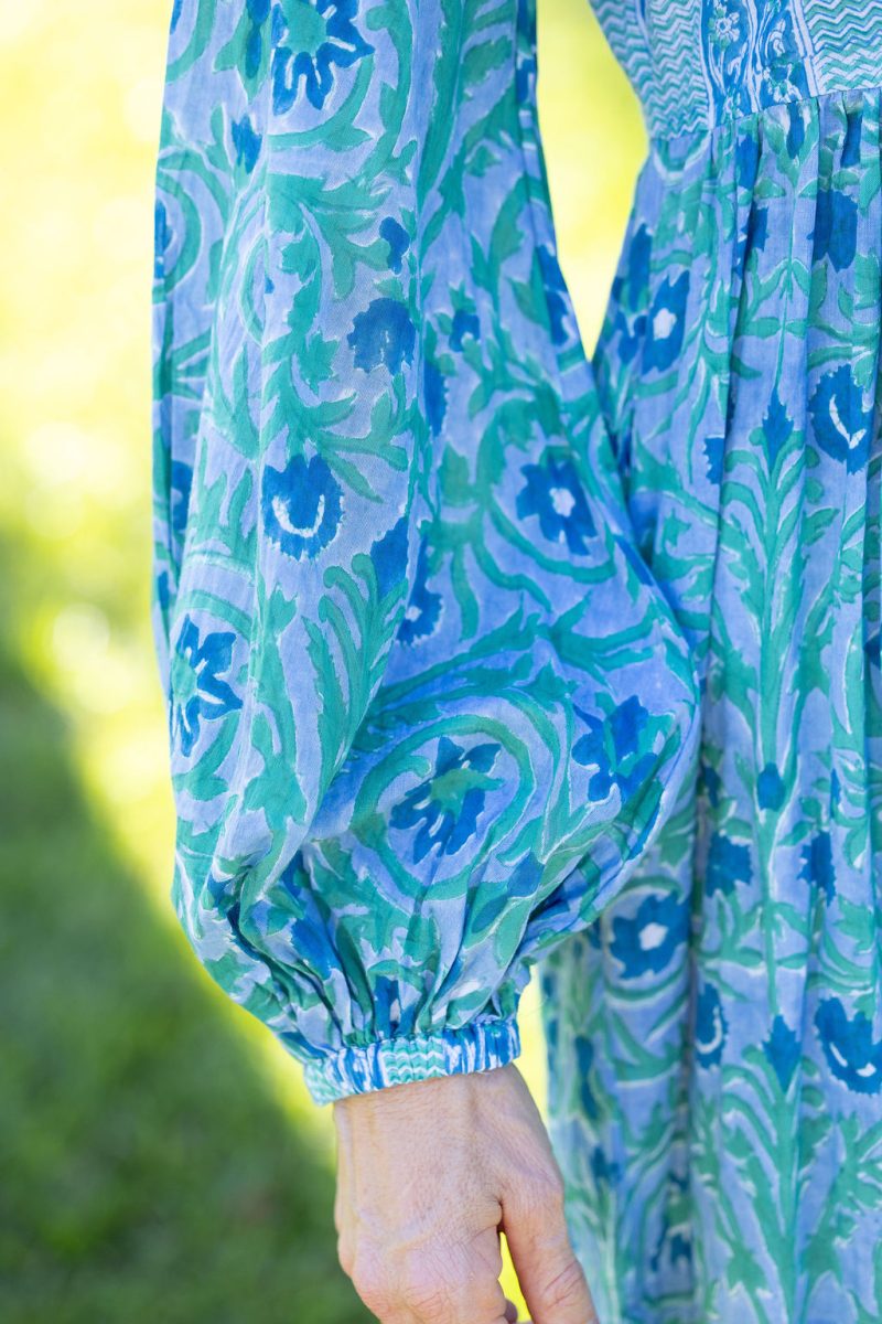 Womens, mini or blouse, with sleeves, 100% Cotton, hand block print. Soft Oceanic Blue - Amara