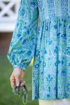 Womens, mini or blouse, with sleeves, 100% Cotton, hand block print. Soft Oceanic Blue - Amara