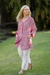 Womens, Leela tunic blouse, with sleeves, 100% cotton, hand block print. In vibrant cool red - Ruby