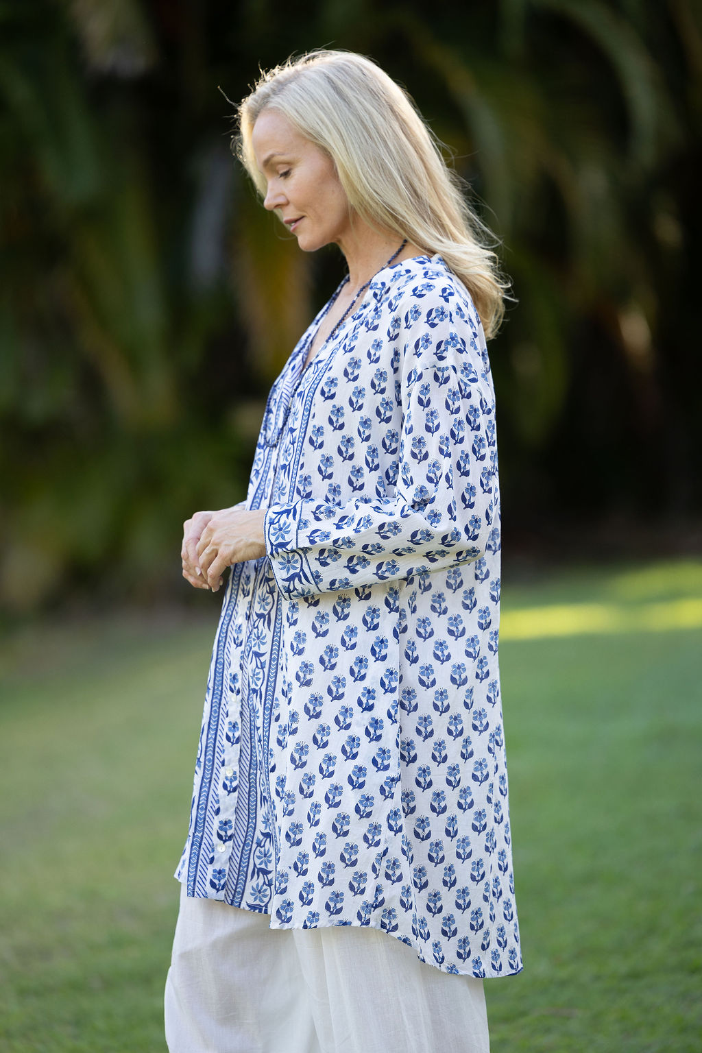 Leela Tunic Blouse – Bluebell Womens, Leela tunic blouse, with sleeves, 100% cotton, hand block print. In delicate small blue flowers - Bluebell