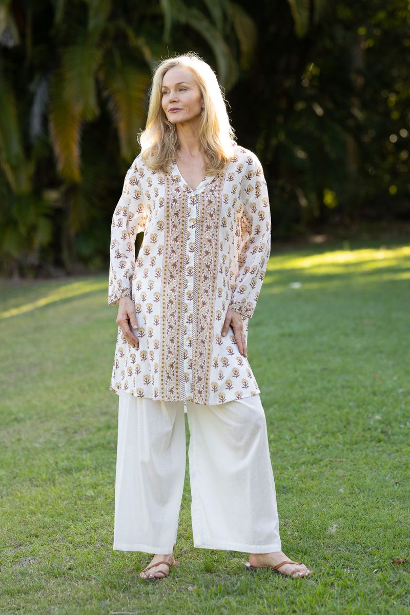 Womens, Leela tunic blouse, with sleeves, 100% cotton, hand block print. In Yellow and Brown floral - Wild Honey