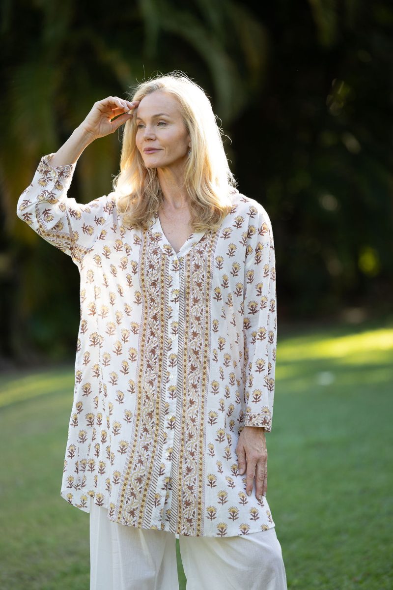 Womens, Leela tunic blouse, with sleeves, 100% cotton, hand block print. In Yellow and Brown floral - Wild Honey