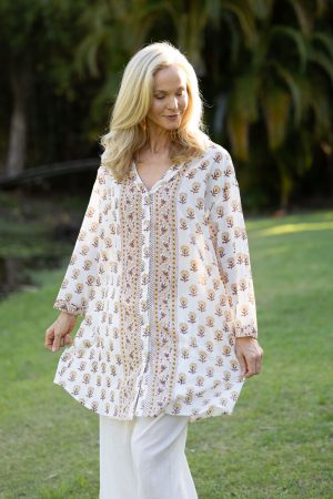 Womens, Leela tunic blouse, with sleeves, 100% cotton, hand block print. In Yellow and Brown floral - Wild Honey