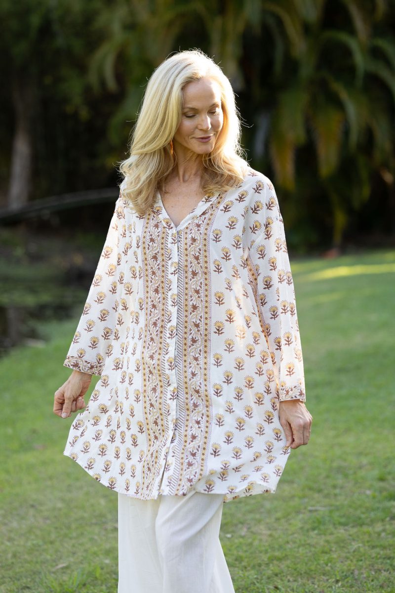 Womens, Leela tunic blouse, with sleeves, 100% cotton, hand block print. In Yellow and Brown floral - Wild Honey