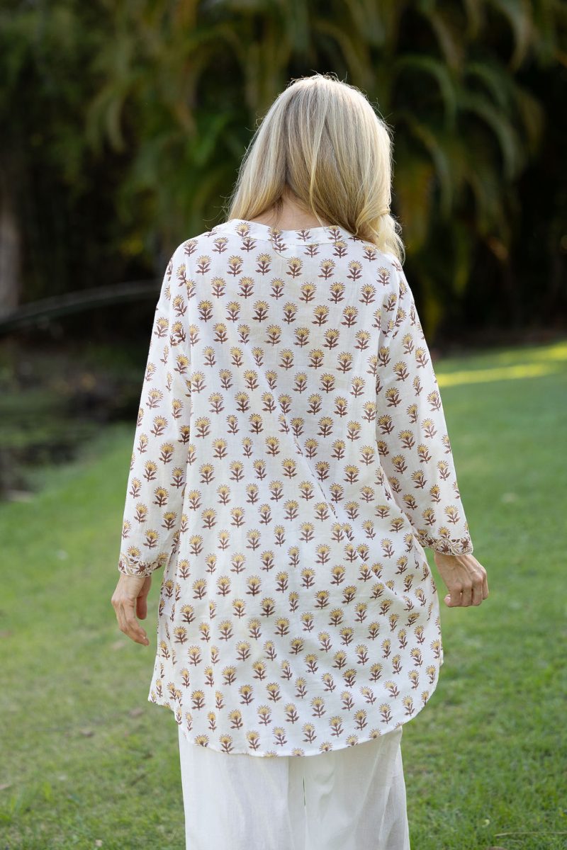 Womens, Leela tunic blouse, with sleeves, 100% cotton, hand block print. In Yellow and Brown floral - Wild Honey
