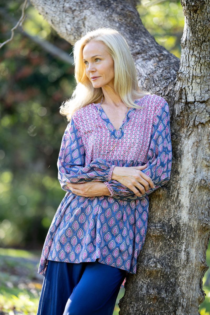 Womens, mini or blouse, with sleeves, 100% Cotton, hand block print. In Lavender Pink - Anjali print.