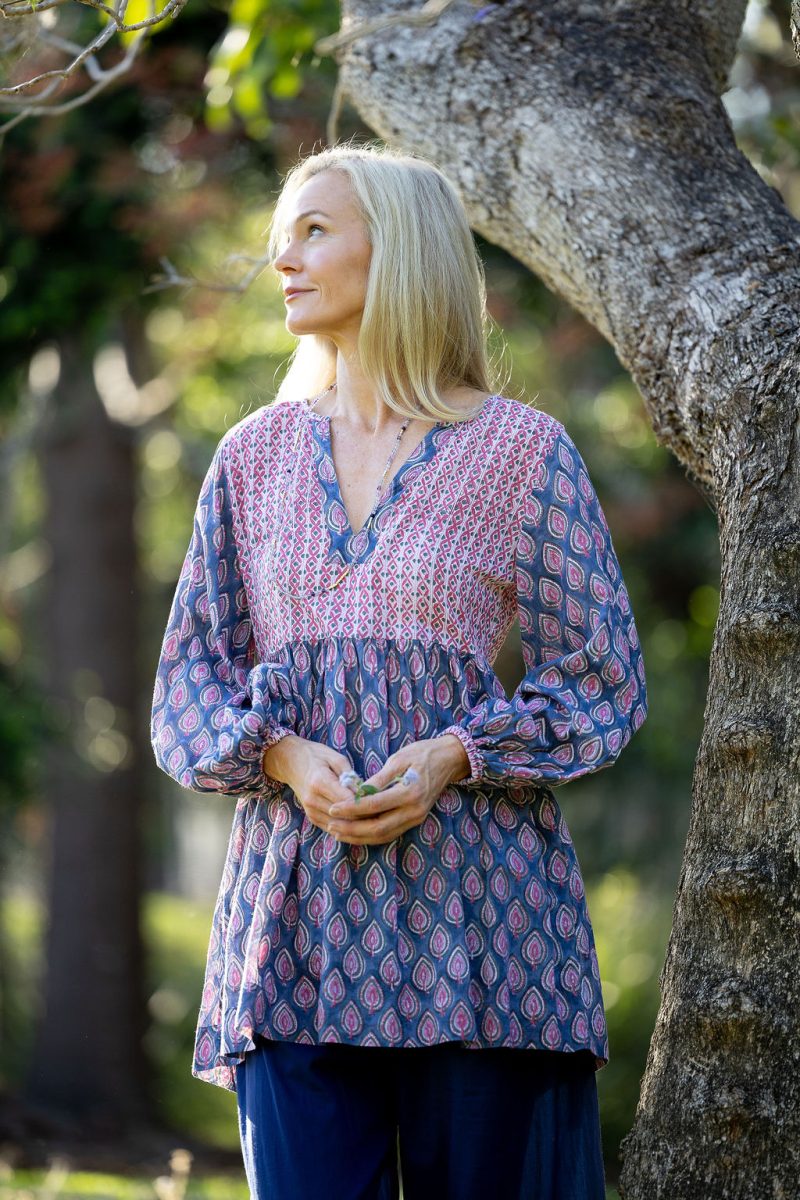 Womens, mini or blouse, with sleeves, 100% Cotton, hand block print. In Lavender Pink - Anjali print.
