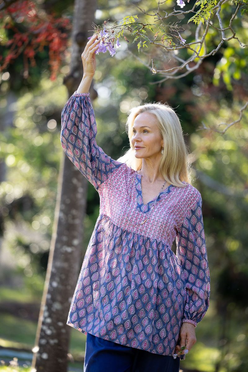 Womens, mini or blouse, with sleeves, 100% Cotton, hand block print. In Lavender Pink - Anjali print.