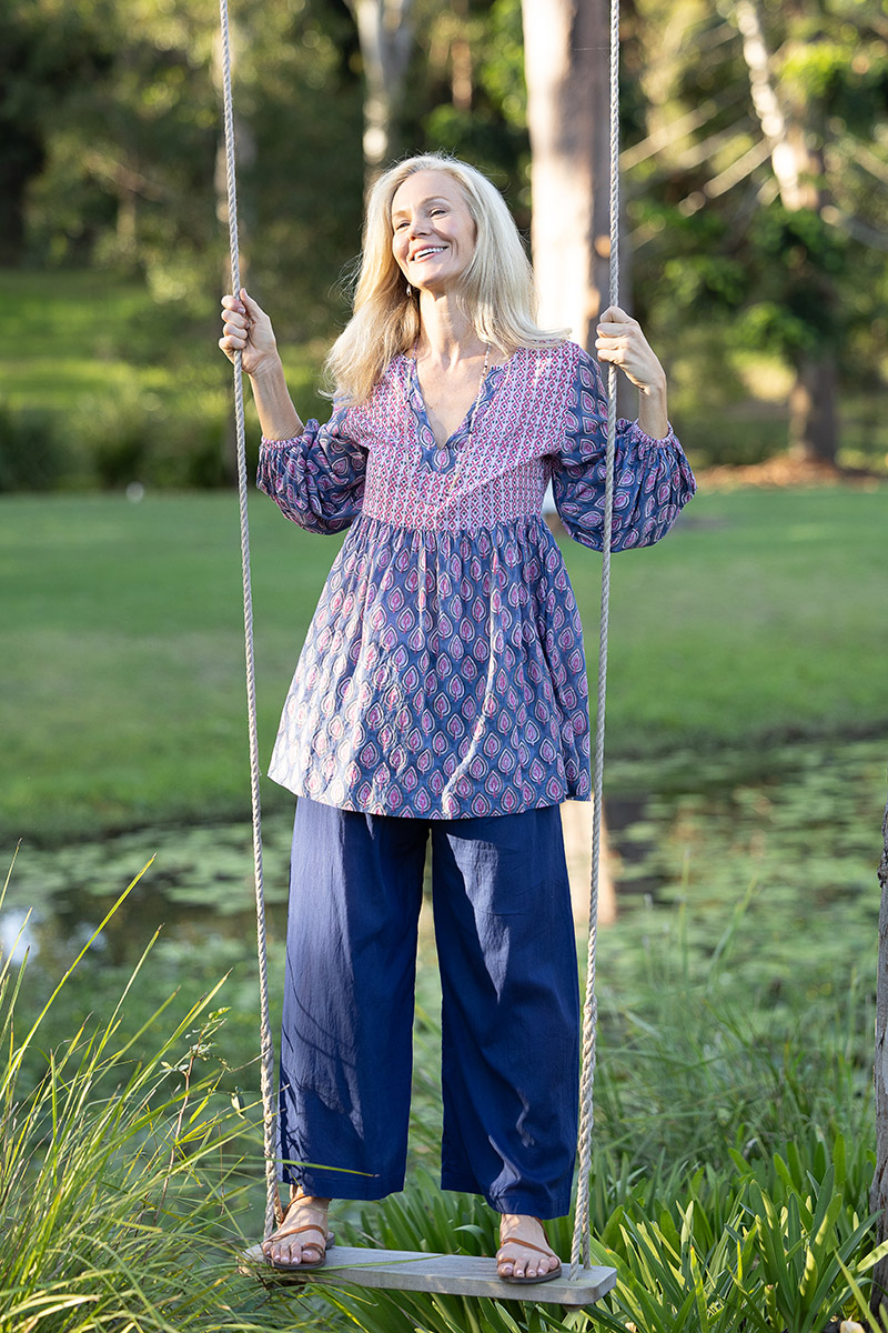 Womens, mini or blouse, with sleeves, 100% Cotton, hand block print. In Lavender Pink - Anjali print.