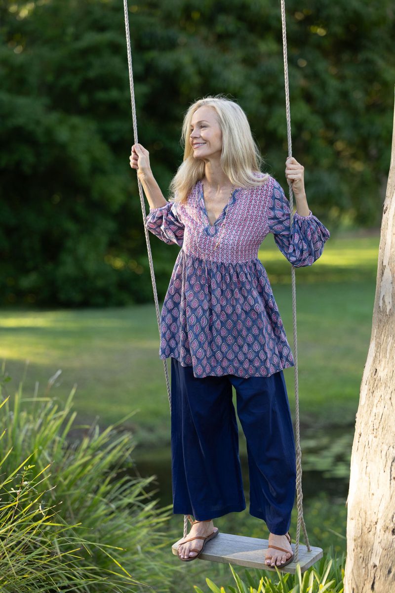 Womens, mini or blouse, with sleeves, 100% Cotton, hand block print. In Lavender Pink - Anjali print.