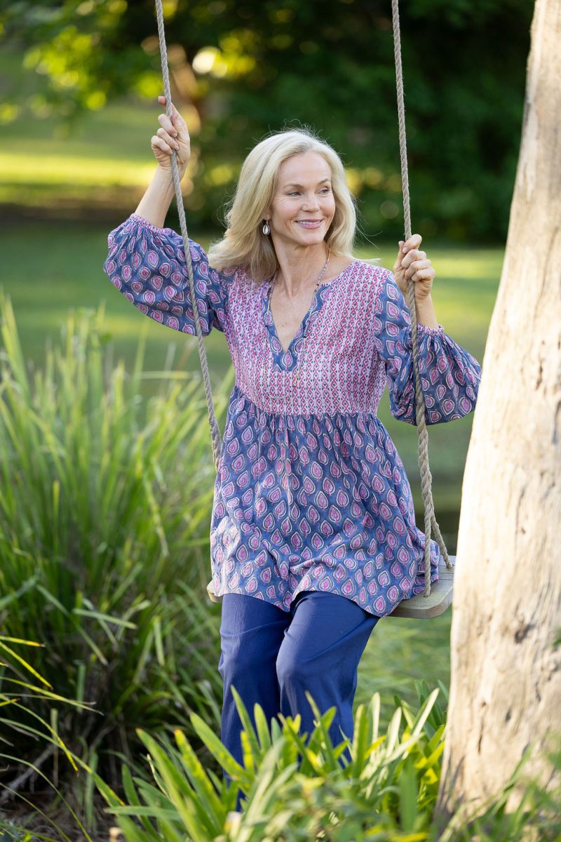 Womens, mini or blouse, with sleeves, 100% Cotton, hand block print. In Lavender Pink - Anjali print.