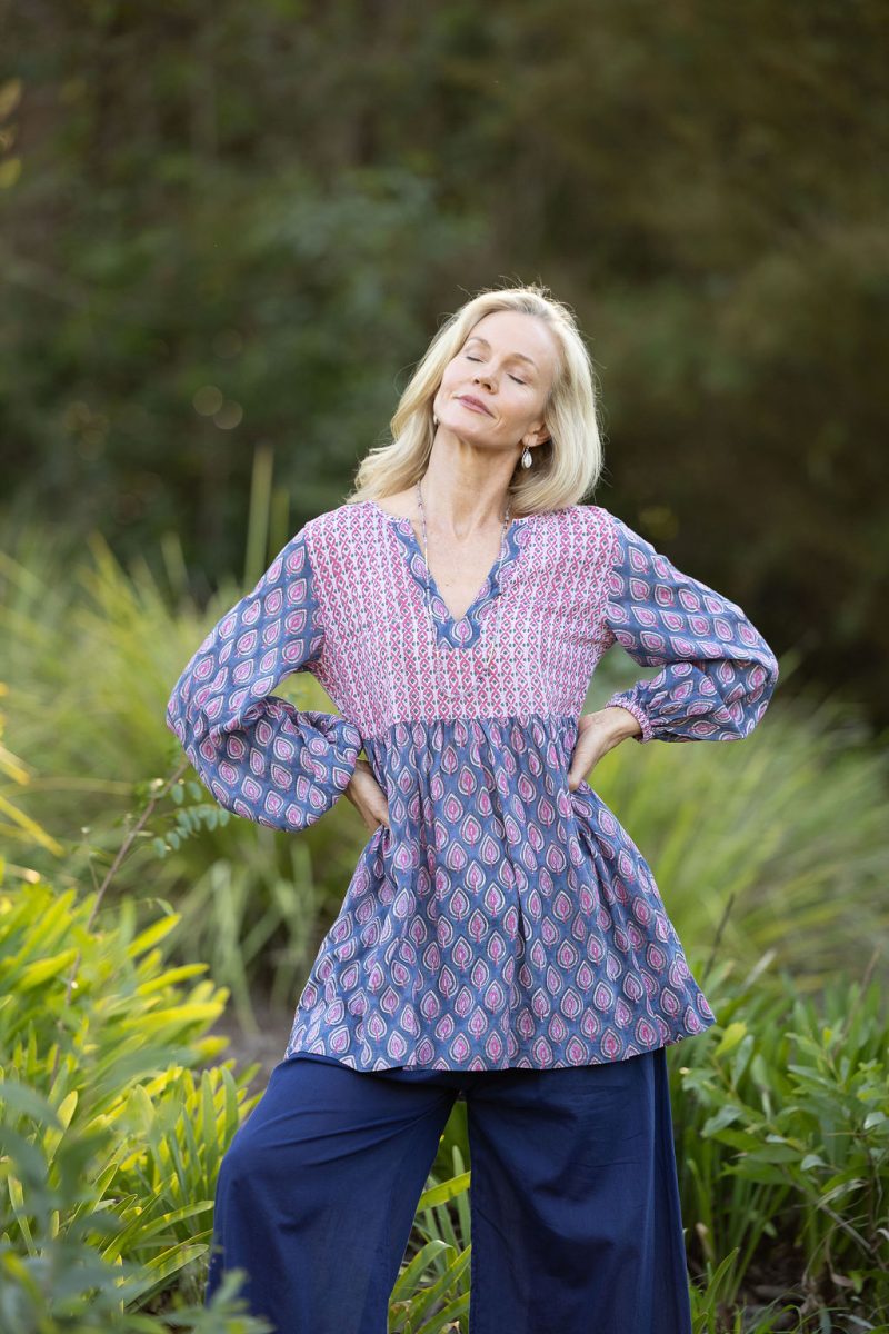 Womens, mini or blouse, with sleeves, 100% Cotton, hand block print. In Lavender Pink - Anjali print.
