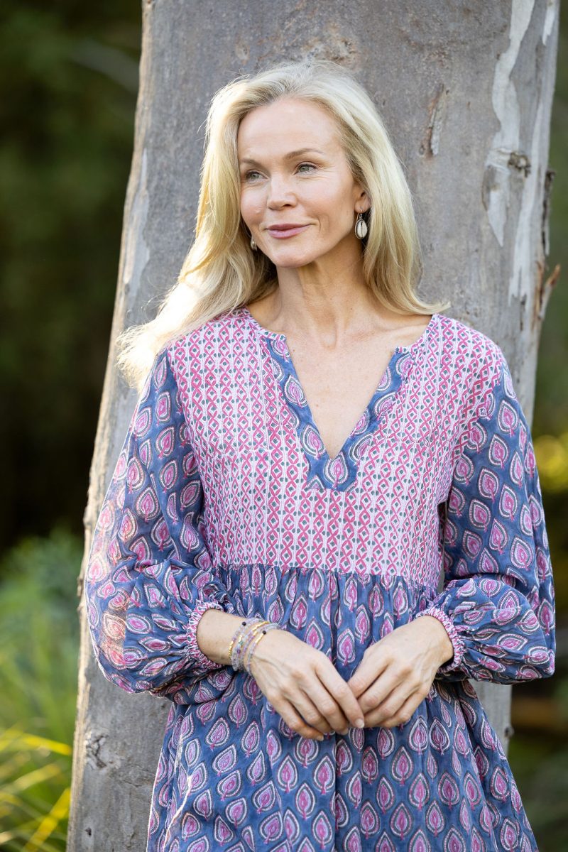 Womens, mini or blouse, with sleeves, 100% Cotton, hand block print. In Lavender Pink - Anjali print.