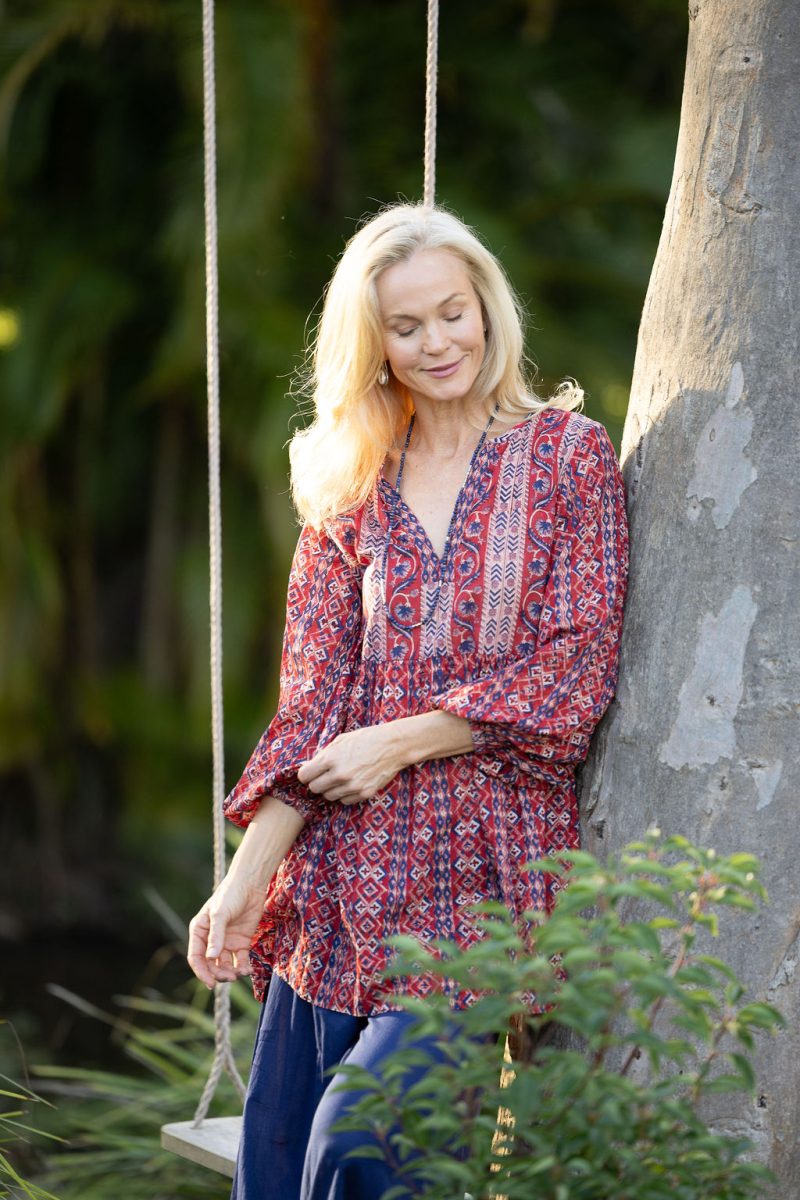 Womens, mini or blouse, with sleeves, 100% Cotton, hand block print. Aztec Red - Tavira