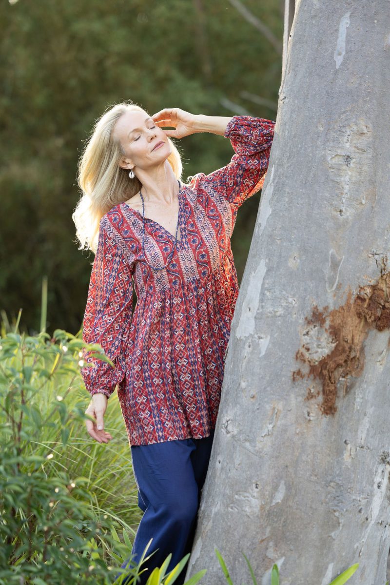 Womens, mini or blouse, with sleeves, 100% Cotton, hand block print. Aztec Red - Tavira