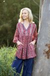 Womens, mini or blouse, with sleeves, 100% Cotton, hand block print. Aztec Red - Tavira
