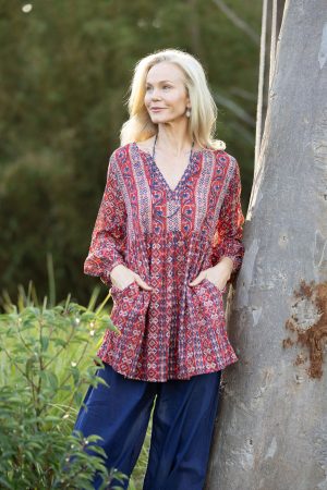 Womens, mini or blouse, with sleeves, 100% Cotton, hand block print. Aztec Red - Tavira