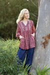 Womens, mini or blouse, with sleeves, 100% Cotton, hand block print. Aztec Red - Tavira