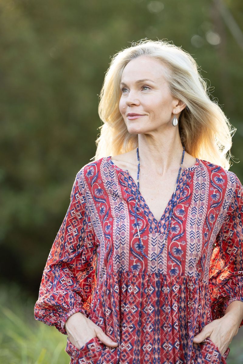 Womens, mini or blouse, with sleeves, 100% Cotton, hand block print. Aztec Red - Tavira