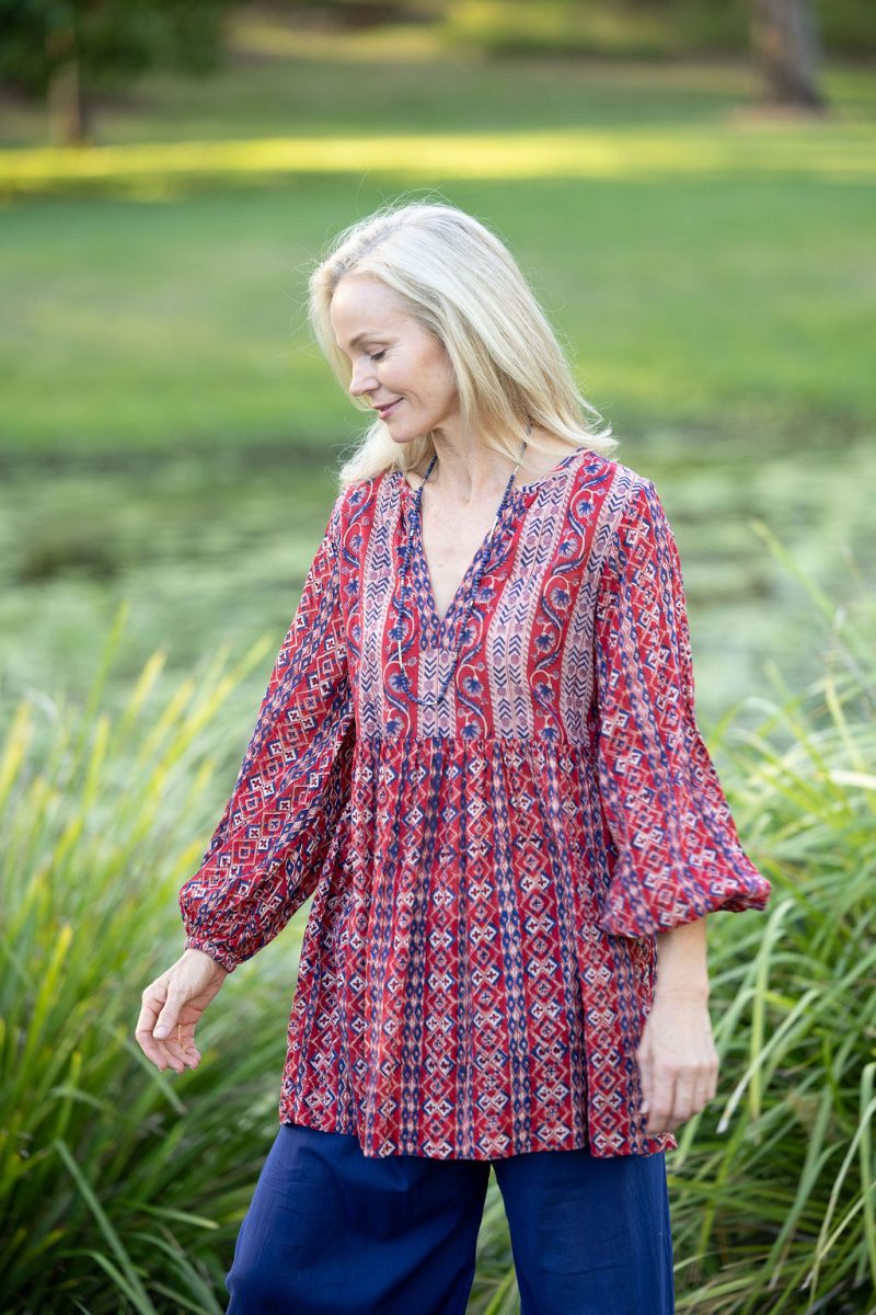 Womens, mini or blouse, with sleeves, 100% Cotton, hand block print. Aztec Red - Tavira