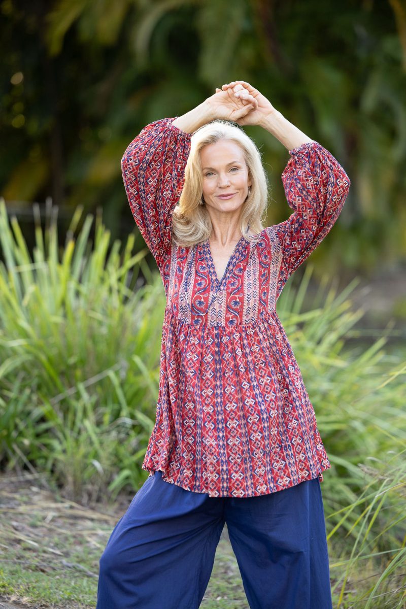 Womens, mini or blouse, with sleeves, 100% Cotton, hand block print. Aztec Red - Tavira