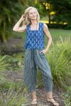 Womens Pants & Top, 100% Cotton, Hand Block Print, Summer. Sol Pants in Blue | Green - Viridis, Lola top in natural blue - Indigo Nivara.