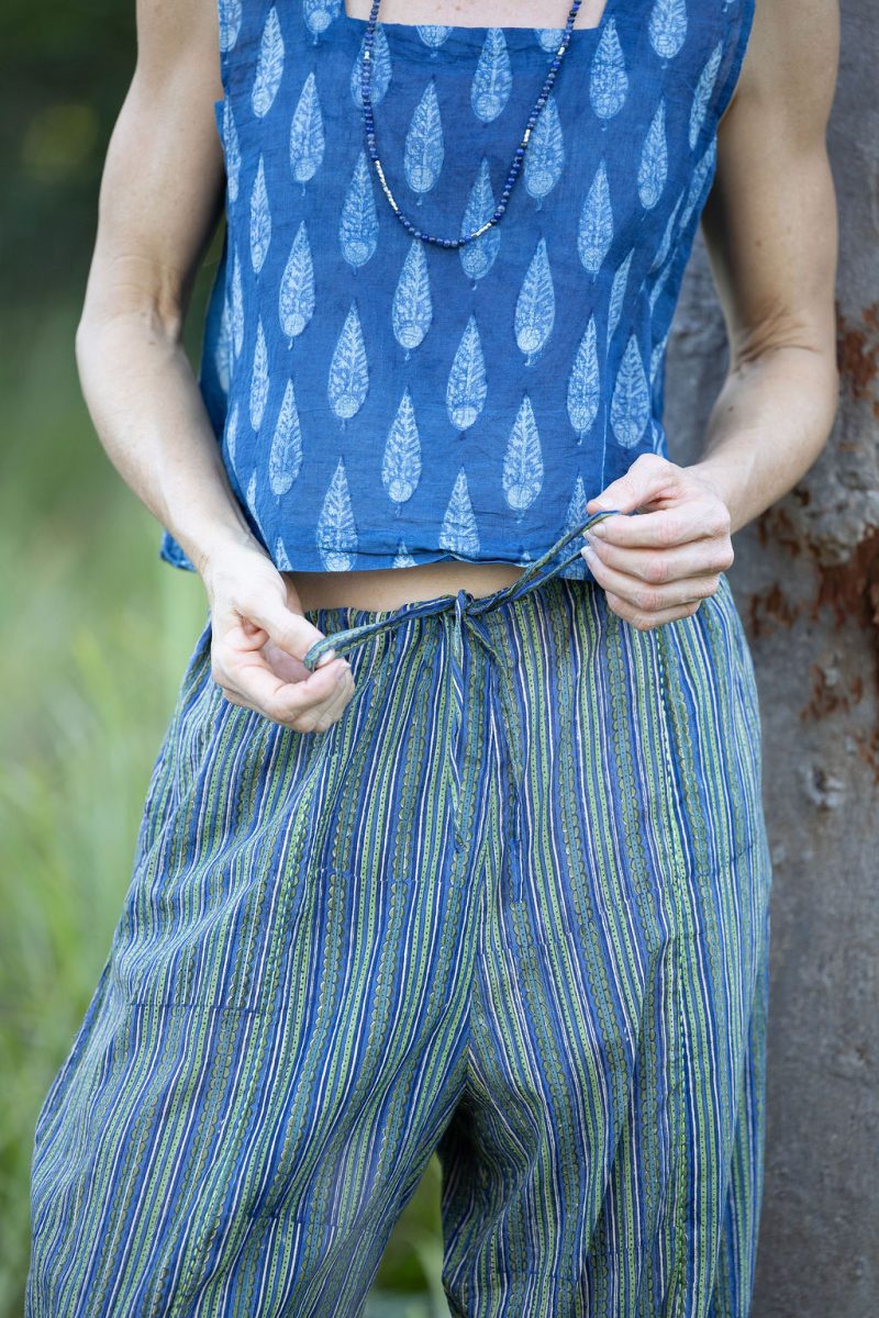Womens Pants, 100% Cotton, Hand Block Print, Summer. Sol Pants in Blue | Green - Viridis.