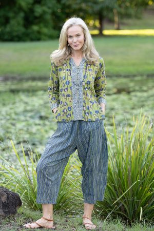 Womens Pants & Top, 100% Cotton, Hand Block Print, Summer. Sol Pants in Blue | Green - Viridis & Mandalay blouse in Sepia & Green, Verde Sol