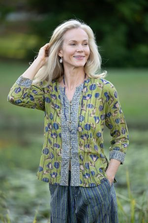 Womens, Mandalay blouse, 7/8 sleeve, 100% cotton, hand block print, in Sepia & Green, Verde Sol