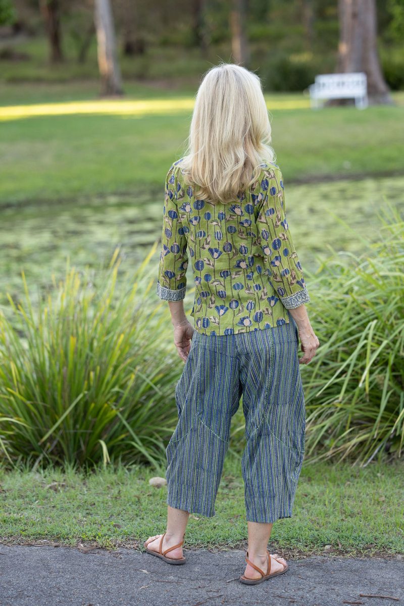 Womens Pants & Top, 100% Cotton, Hand Block Print, Summer. Sol Pants in Blue | Green - Viridis & Mandalay blouse in Sepia & Green, Verde Sol
