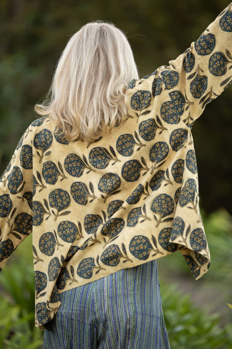 Womens, Lotus Jacket, full sleeve, 100% cotton, hand block print. Natural dye, figs on sepia - Harvest.