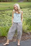 Womens Pants & Top, 100% Cotton, Hand Block Print, Summer. Sol Pants in Natural Kassis Check, Vayana top in Rhapsody.