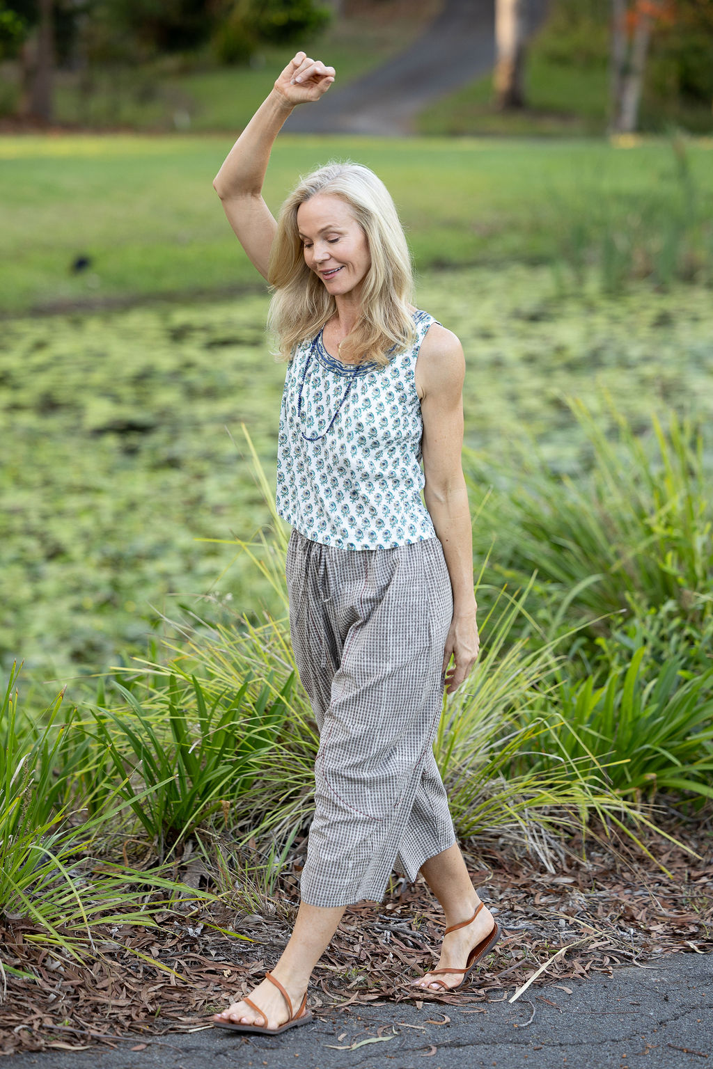 Womens Pants & Top, 100% Cotton, Hand Block Print, Summer. Sol Pants in Natural Kassis Check, Vayana top in Rhapsody.