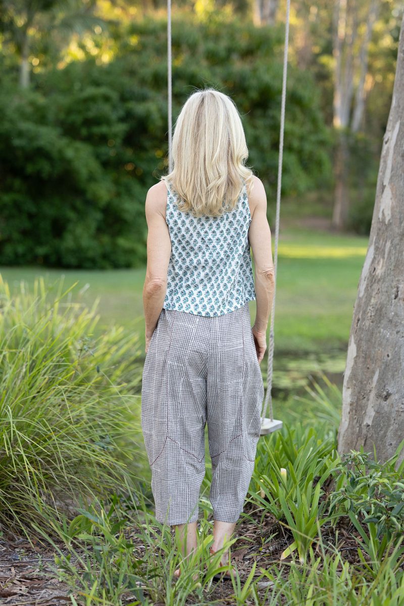 Womens Pants & Top, 100% Cotton, Hand Block Print, Summer. Sol Pants in Natural Kassis Check, Vayana top in Rhapsody.