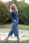 Womens Pants & Top, 100% Cotton, Hand Block Print, Summer. Sol Pants in Natural Blue - Indigo Check & Mandalay blouse in Indigo Rasa.