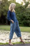 Womens Pants & Top, 100% Cotton, Hand Block Print, Summer. Sol Pants in Natural Blue - Indigo Check & Mandalay blouse in Indigo Rasa.